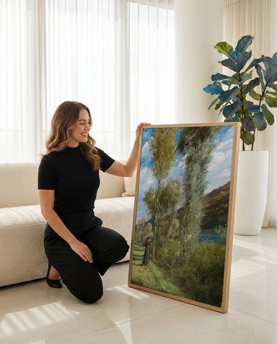 Quadro Decorativo Campo com Mulher e Rio - Hans Thoma com modelo em ambiente