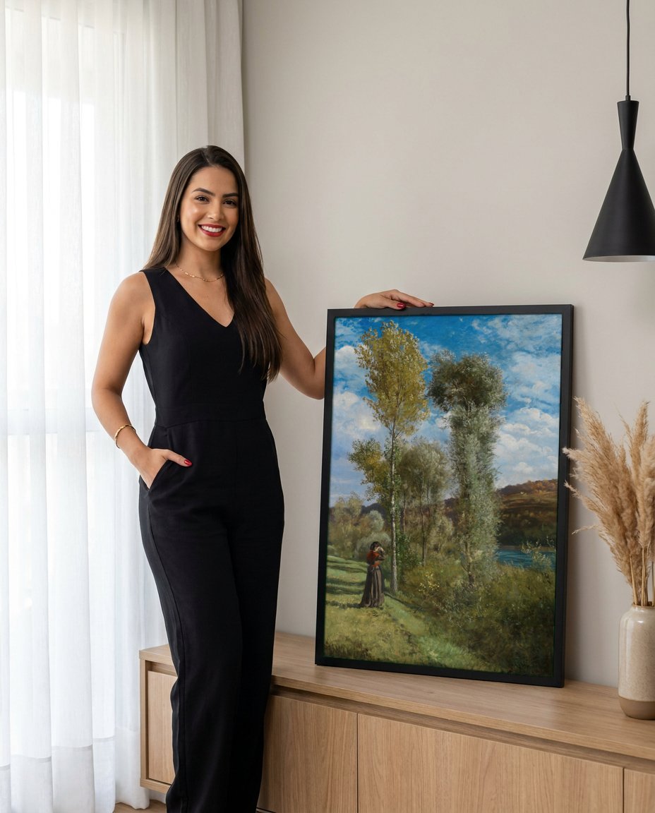 Quadro Decorativo Campo com Mulher e Rio - Hans Thoma com modelo em ambiente