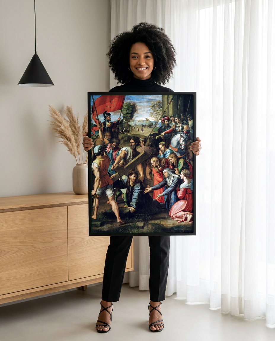 Quadro Decorativo A Caminho do Calvário - Rafael com modelo em ambiente