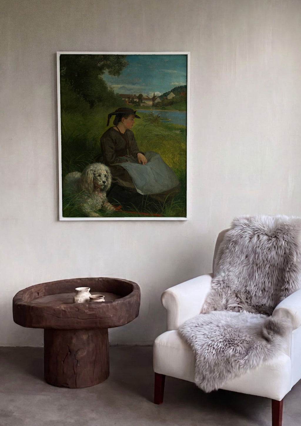Quadro Decorativo Moça e Cão à Beira-Rio - Hans Thoma em ambiente decorado