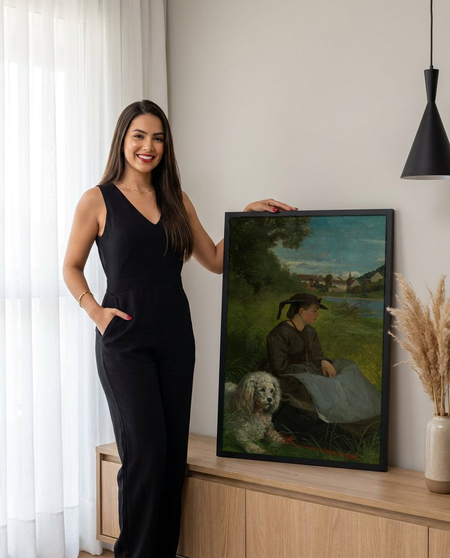 Quadro Decorativo Moça e Cão à Beira-Rio - Hans Thoma com modelo em ambiente