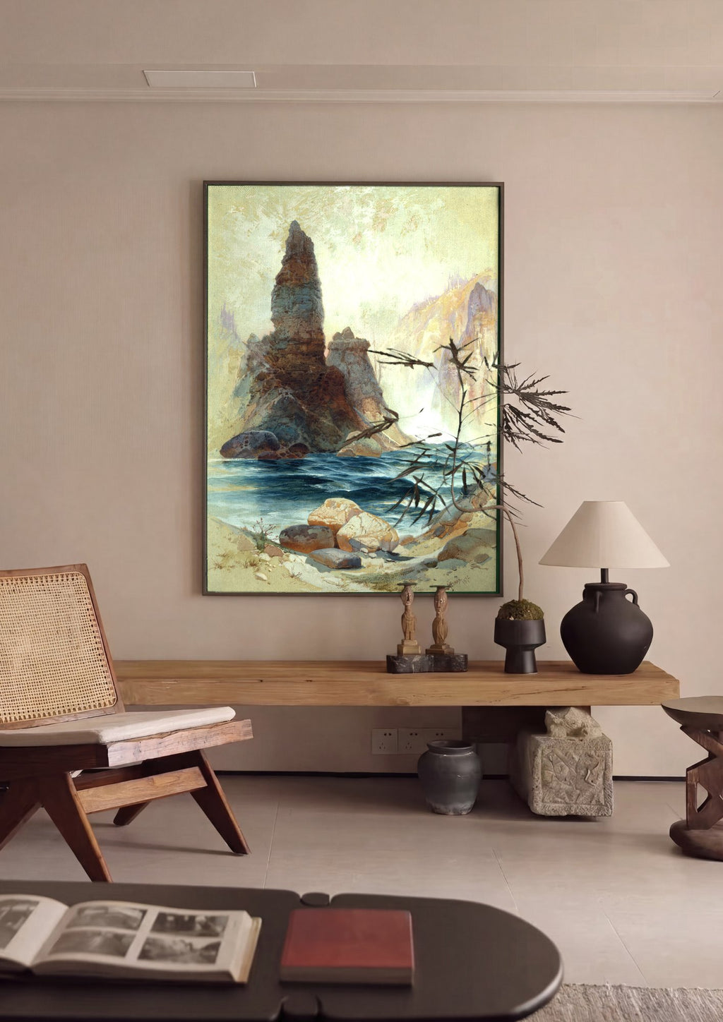 Quadro Decorativo Torre de Rocha no Rio - Thomas Moran em ambiente decorado
