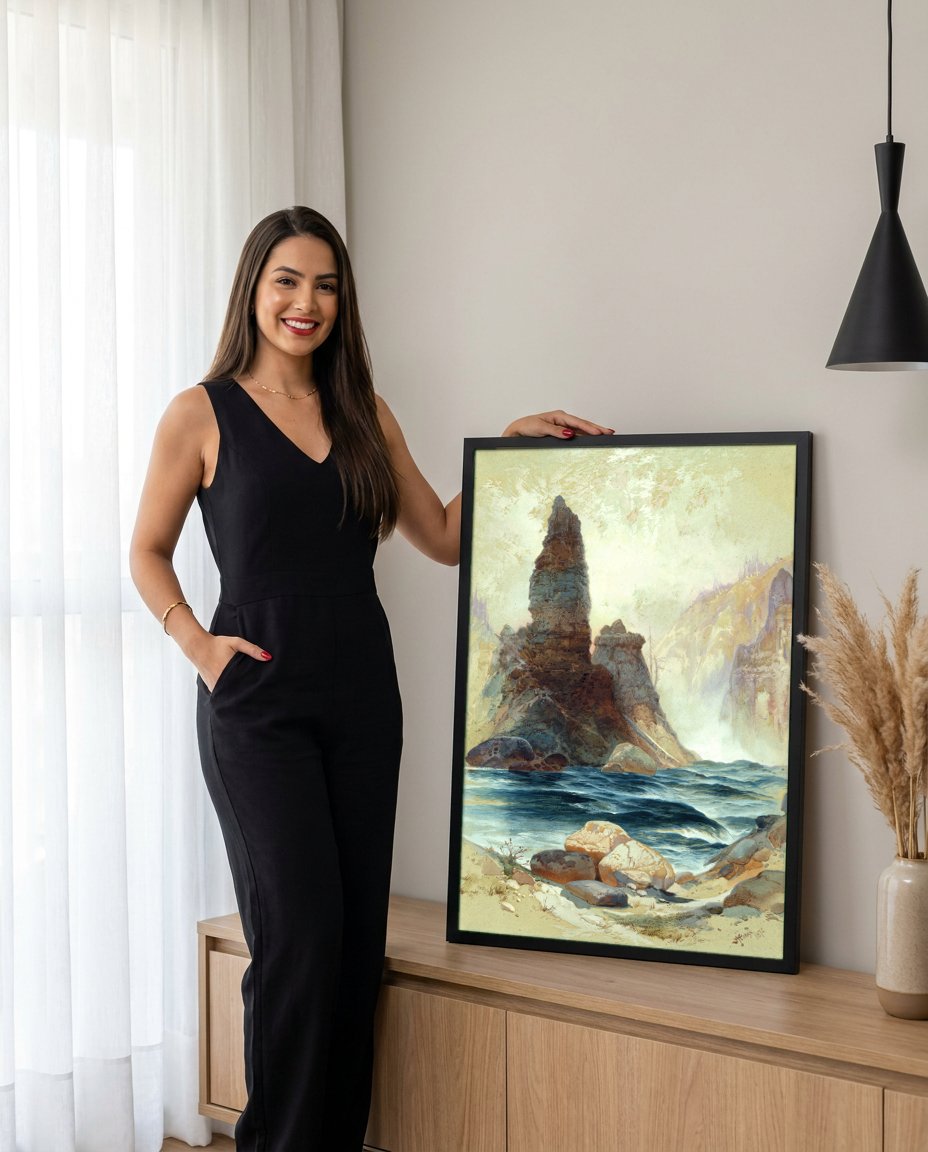 Quadro Decorativo Torre de Rocha no Rio - Thomas Moran com modelo em ambiente