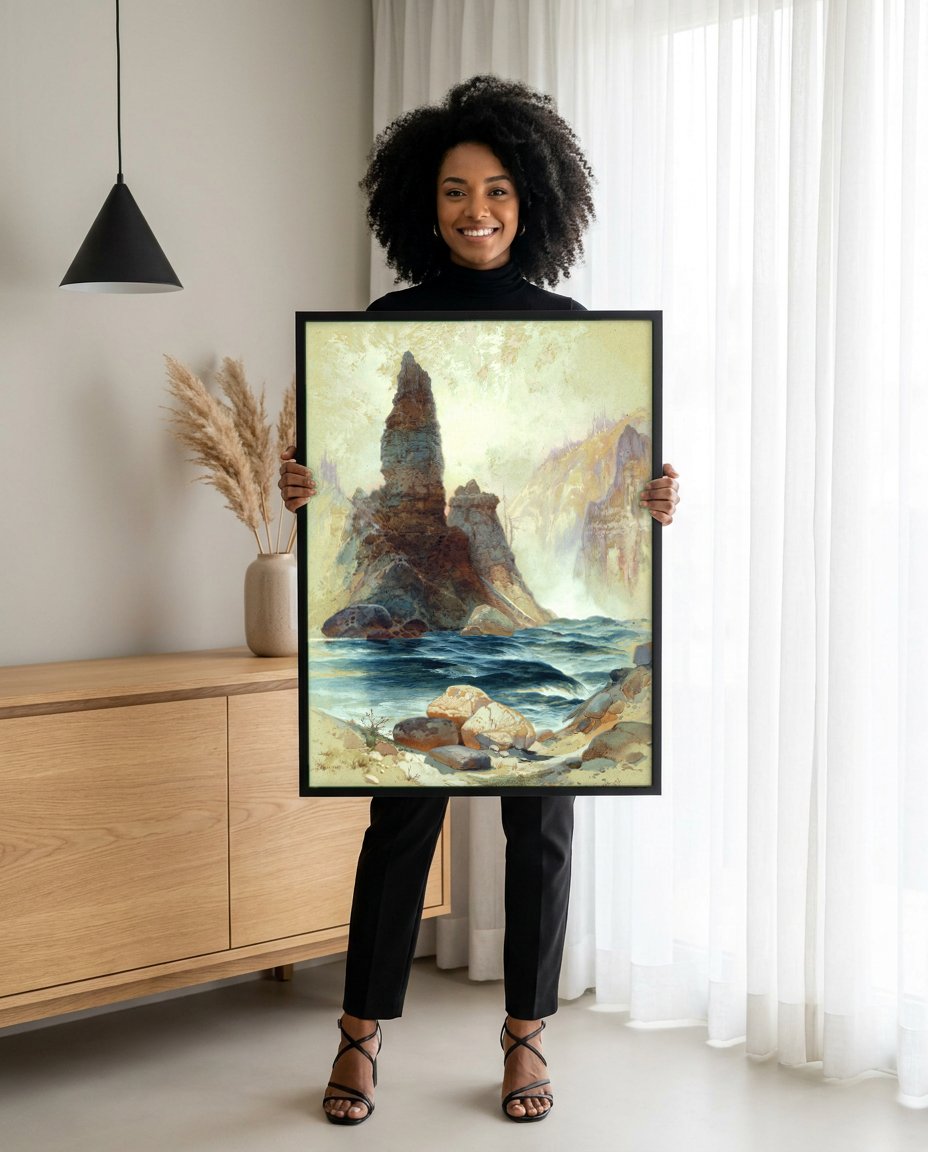 Quadro Decorativo Torre de Rocha no Rio - Thomas Moran com modelo em ambiente