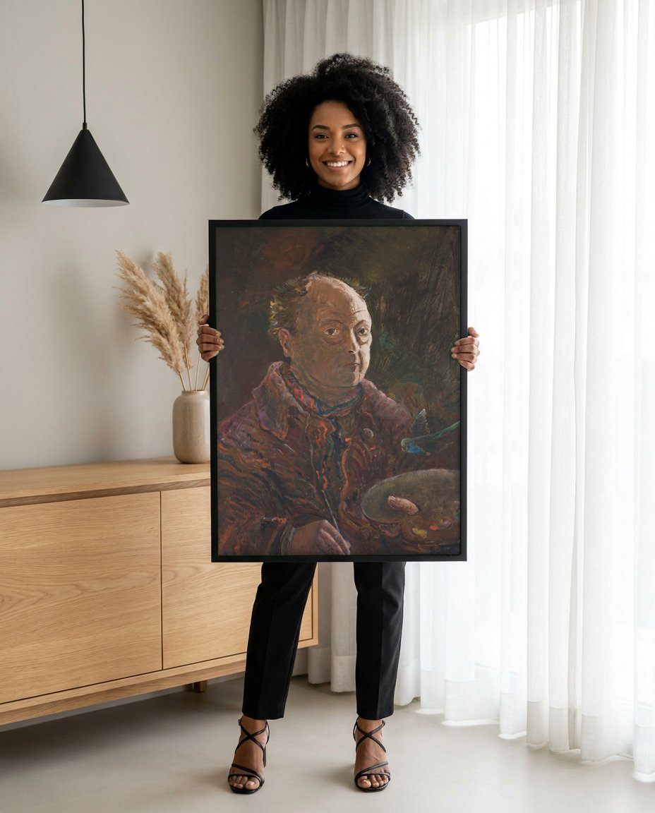 Quadro Decorativo Autorretrato com Periquito - Oskar Laske com modelo em ambiente