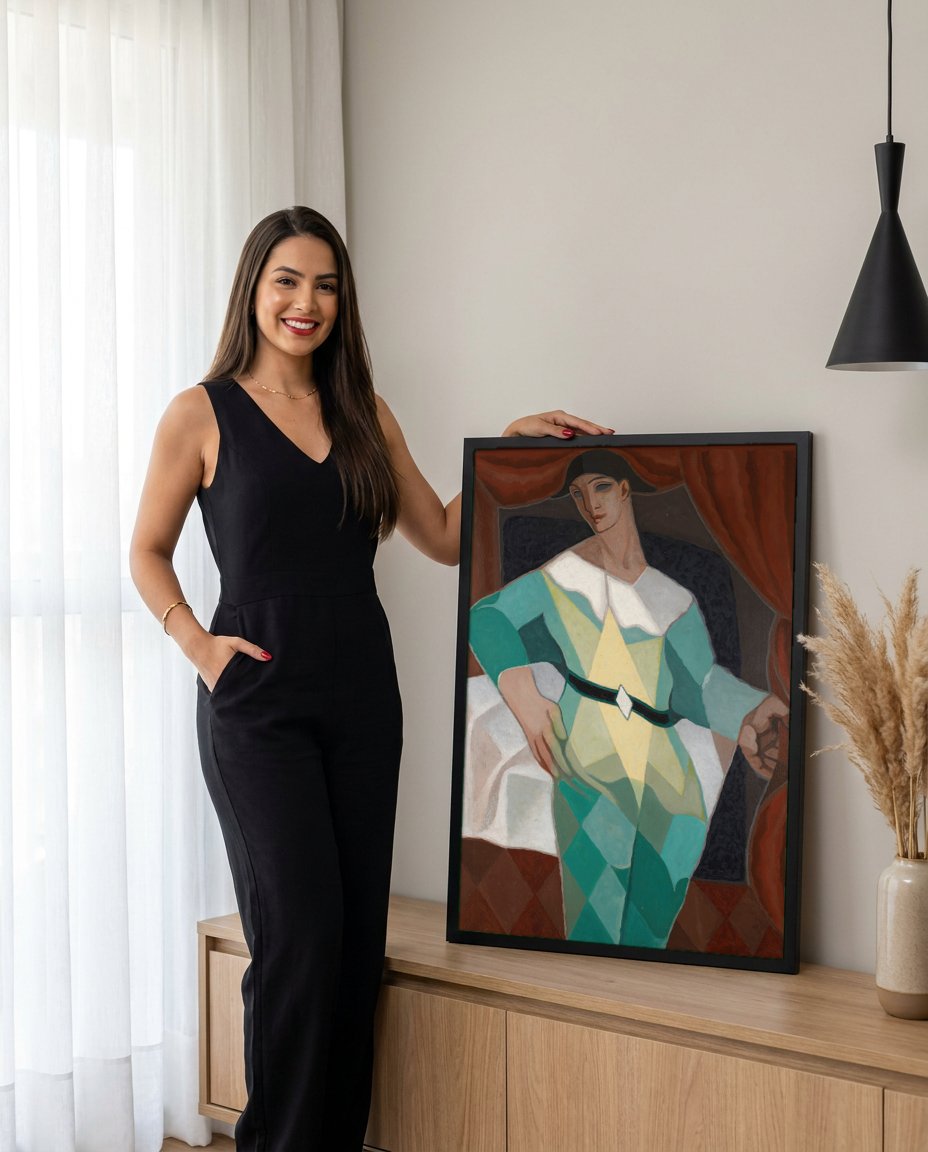 Quadro Decorativo O Pierrot - Juan Gris com modelo em ambiente