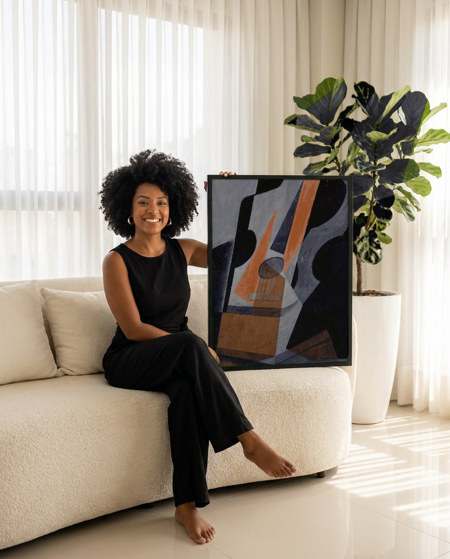 Quadro Decorativo A Guitarra - Juan Gris com modelo em ambiente