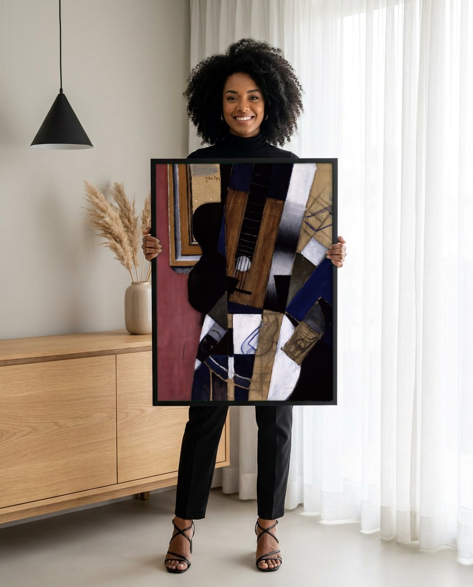 Quadro Decorativo A Guitarra - Juan Gris com modelo em ambiente