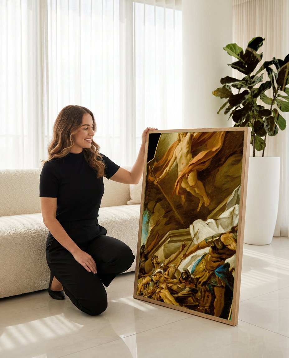 Quadro Decorativo A Ressurreição de Cristo - Jean François de Troy com modelo em ambiente