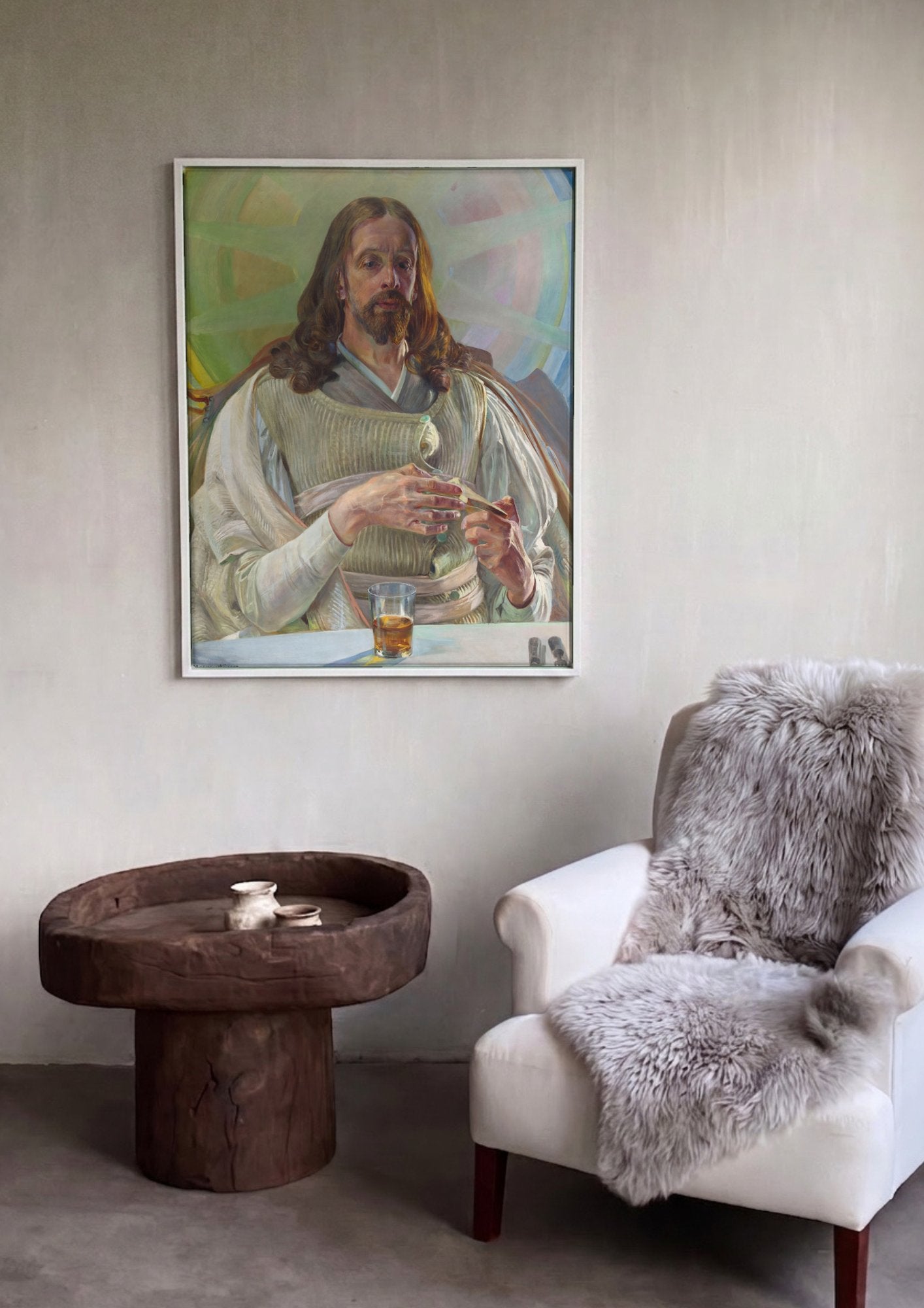 Quadro Decorativo 'Autorretrato como Cristo' - Jacek Malczewski em ambiente decorado