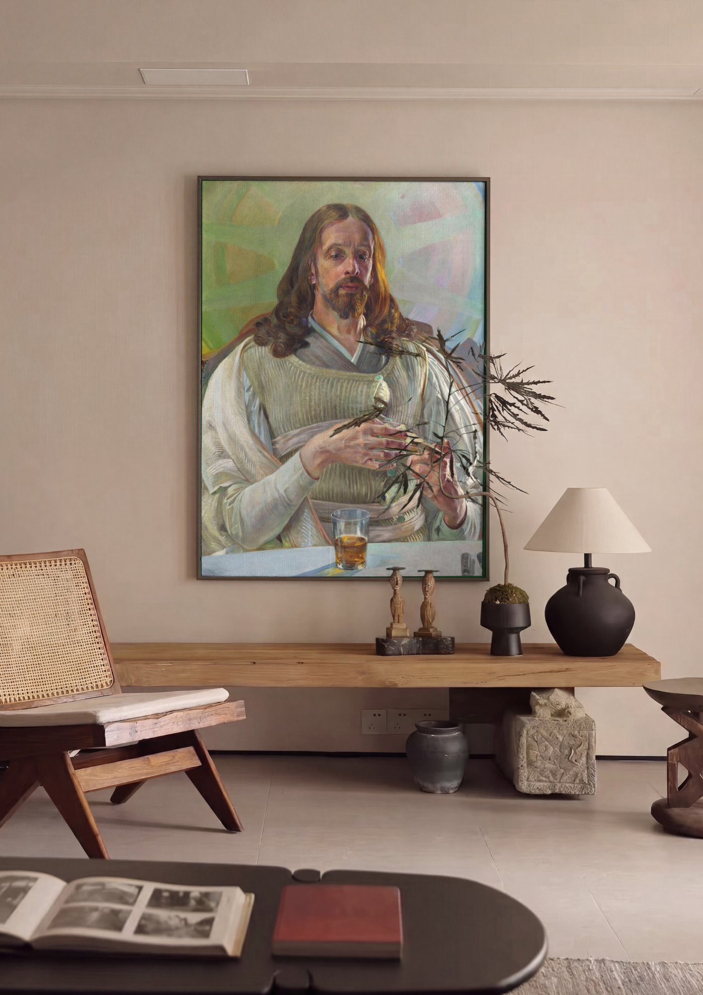 Quadro Decorativo 'Autorretrato como Cristo' - Jacek Malczewski em ambiente decorado