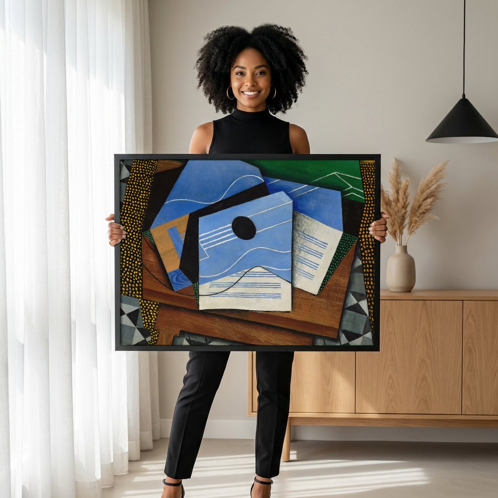 Quadro Decorativo A Guitarra - Juan Gris com modelo em ambiente