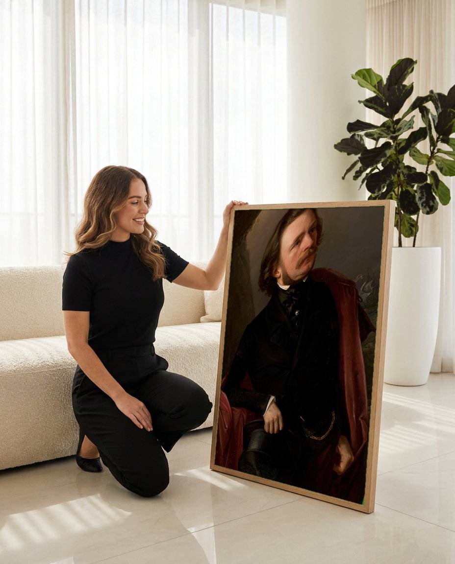 Quadro Decorativo Retrato com Cena Marítima - Józef Simmler com modelo em ambiente