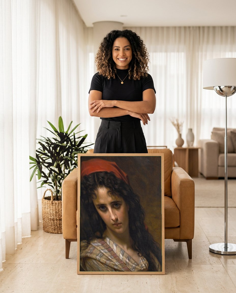 Quadro Decorativo 'A Cigana' - Hugues Merle com modelo em ambiente