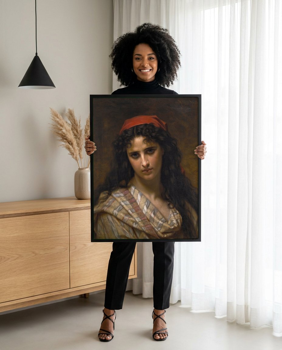 Quadro Decorativo 'A Cigana' - Hugues Merle com modelo em ambiente
