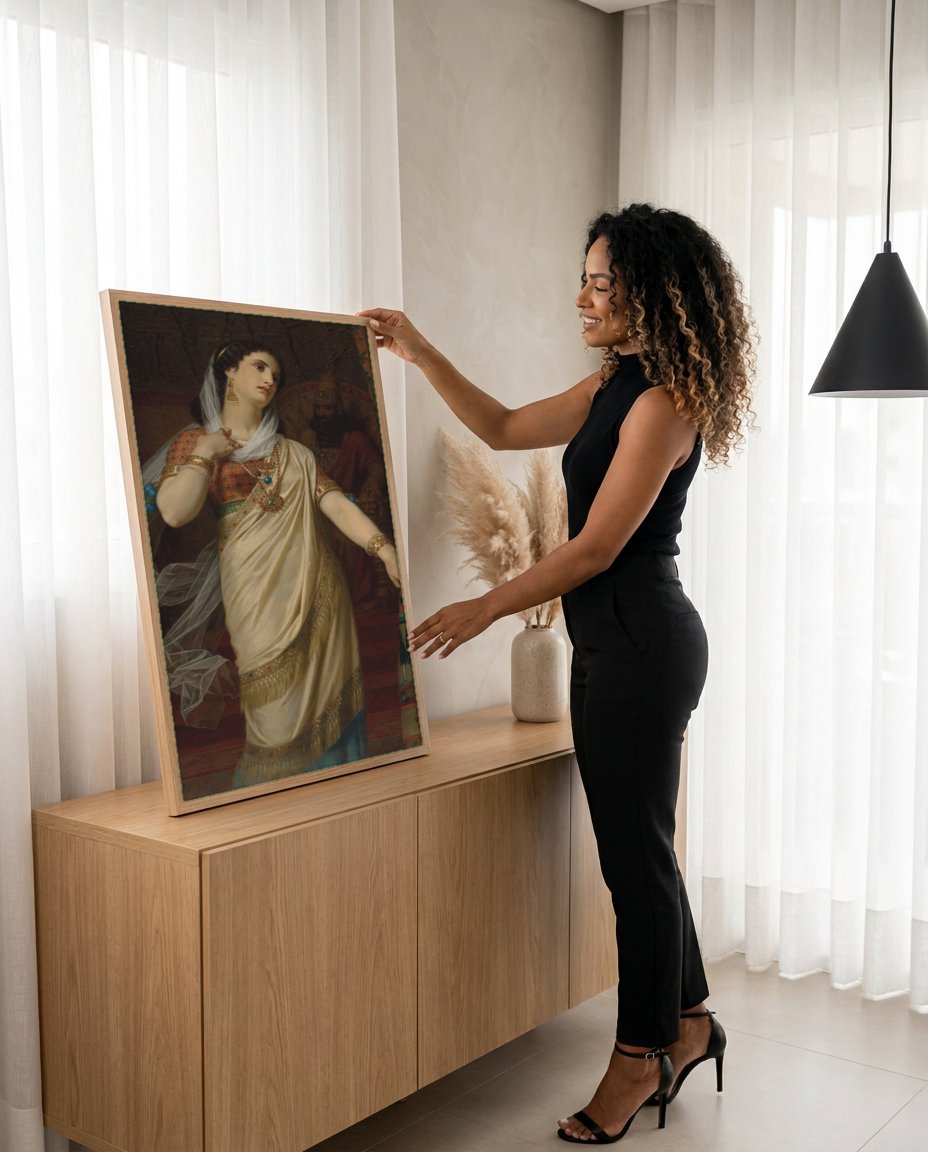 Quadro Decorativo Ester - Hugues Merle com modelo em ambiente