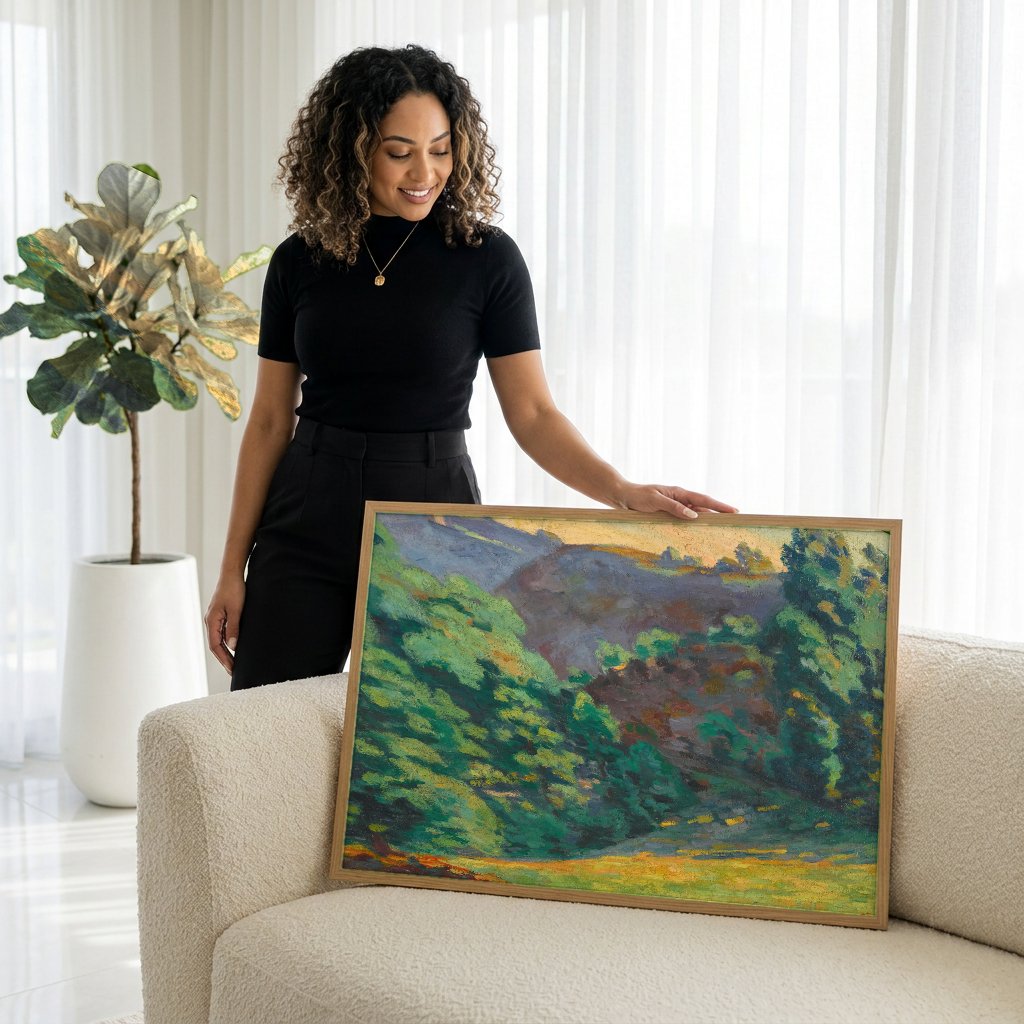 Quadro Decorativo Paisagem com Vale - Armand Guillaumin com modelo em ambiente