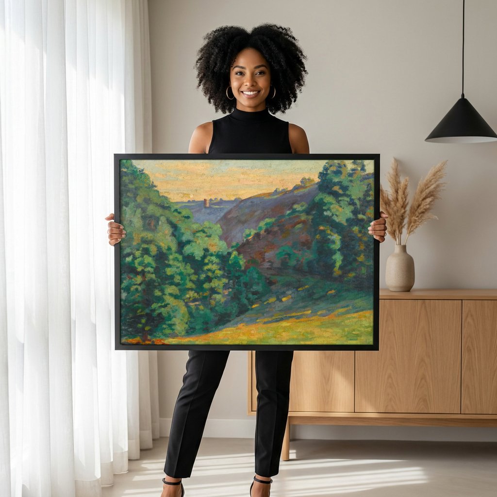 Quadro Decorativo Paisagem com Vale - Armand Guillaumin com modelo em ambiente