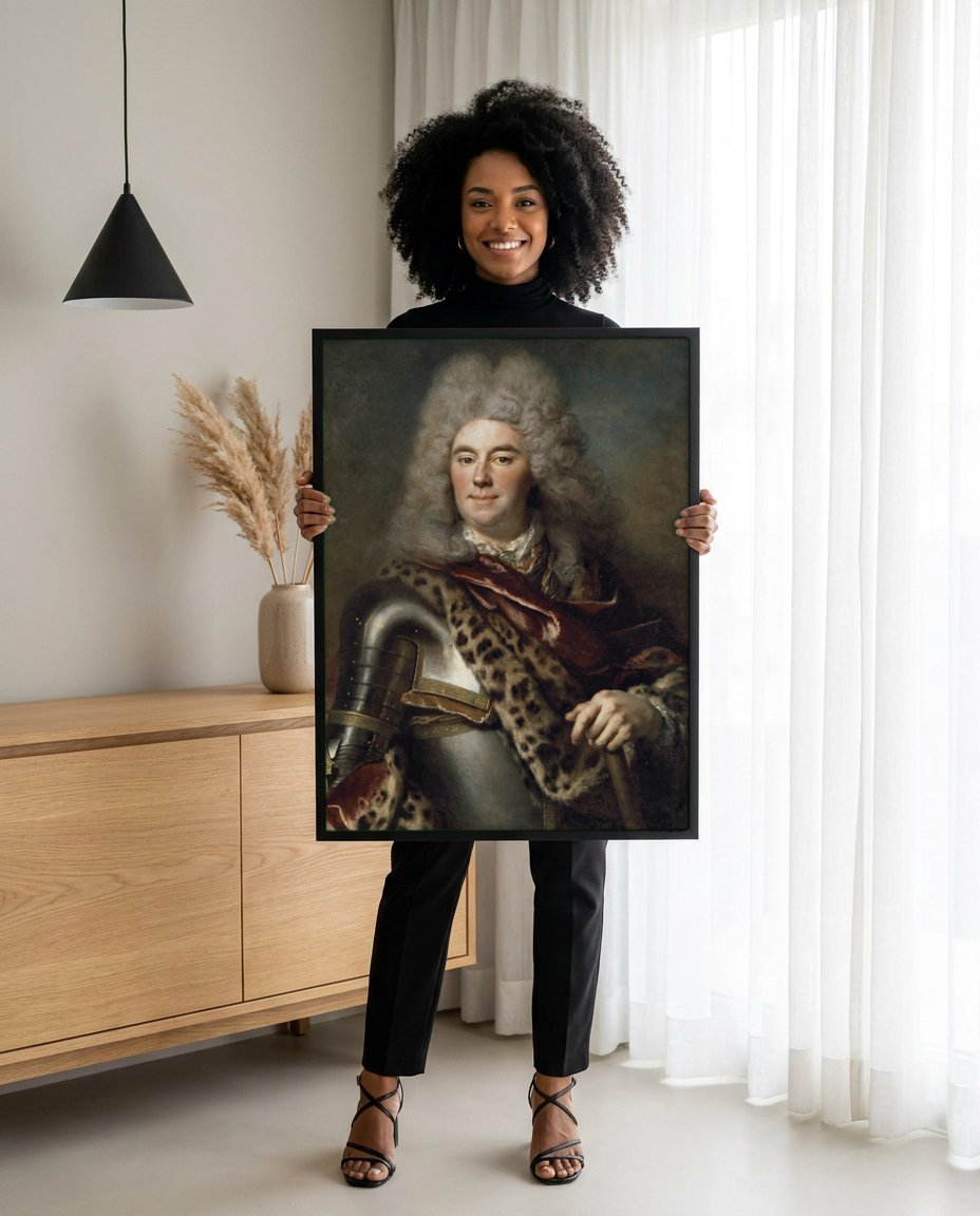 Quadro Decorativo Retrato Nobre com Armadura - Largillière com modelo em ambiente
