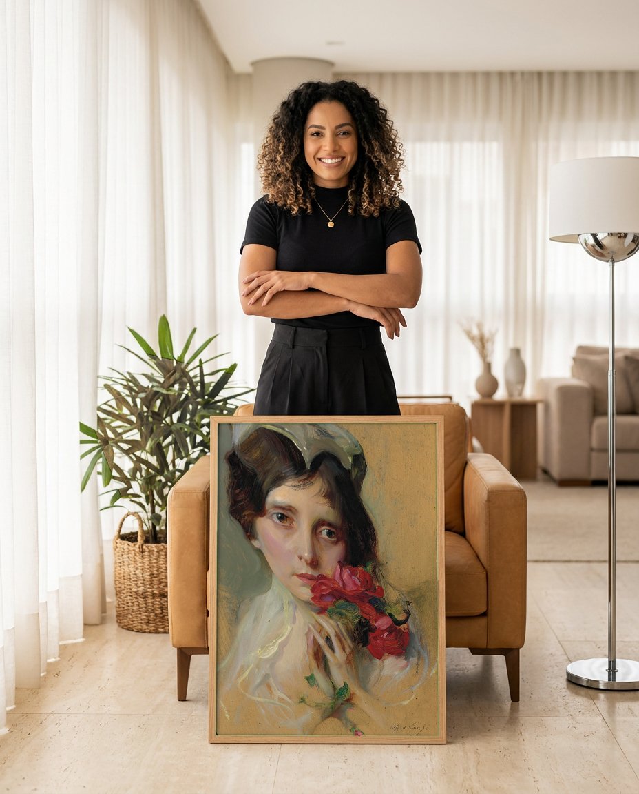 Quadro Decorativo 'Mulher com Rosas Vermelhas' - Philip Alexius de László com modelo em ambiente