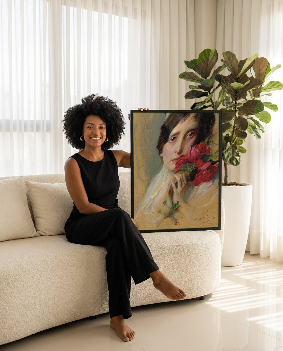 Quadro Decorativo 'Mulher com Rosas Vermelhas' - Philip Alexius de László com modelo em ambiente
