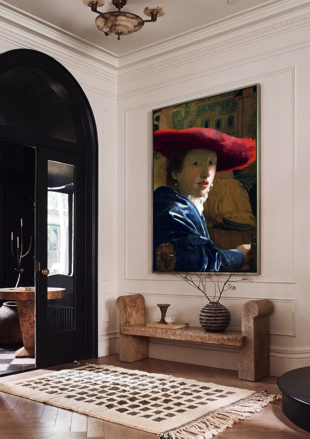 Quadro Decorativo A Moça do Chapéu Vermelho - Johannes Vermeer em ambiente decorado
