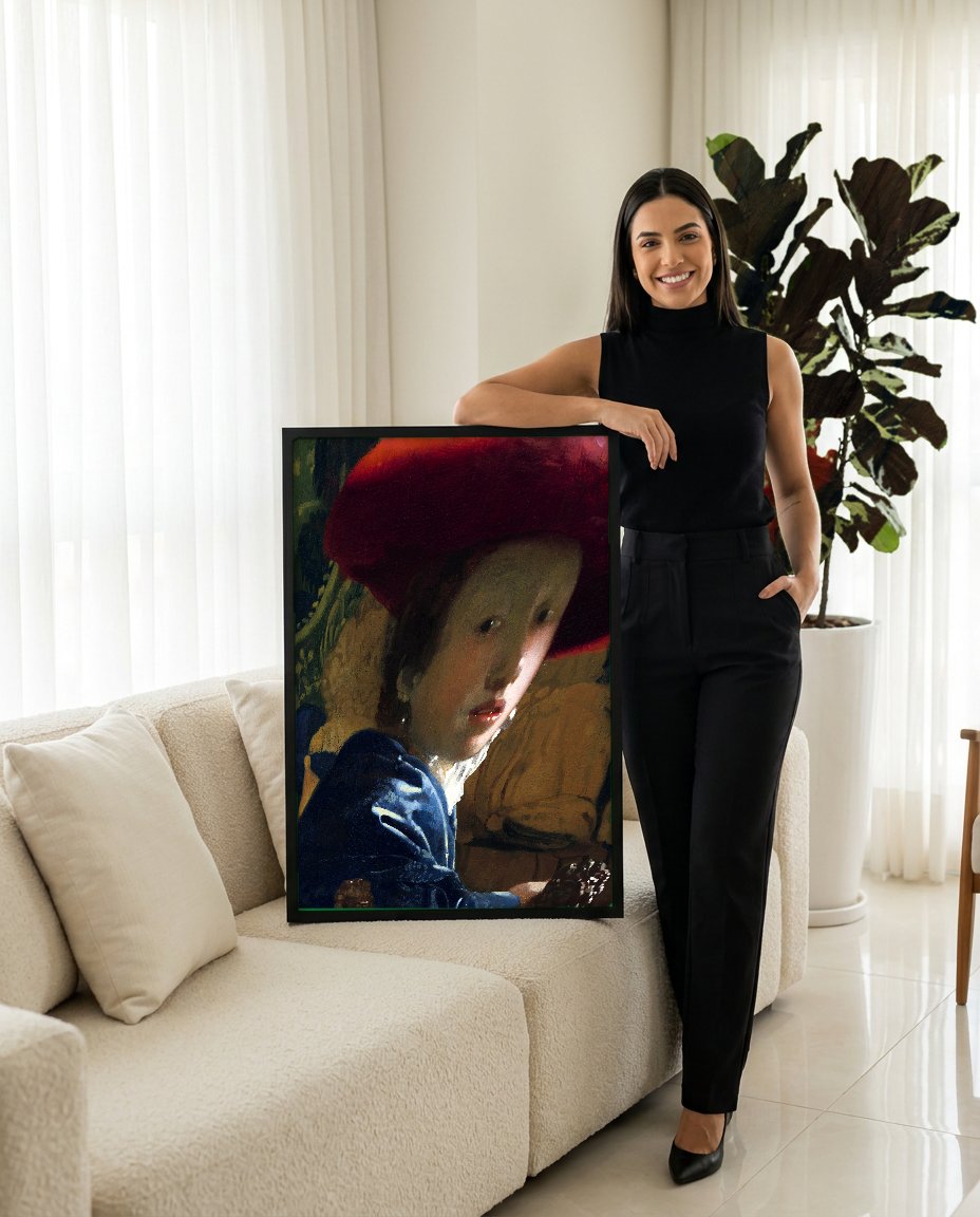 Quadro Decorativo A Moça do Chapéu Vermelho - Johannes Vermeer com modelo em ambiente