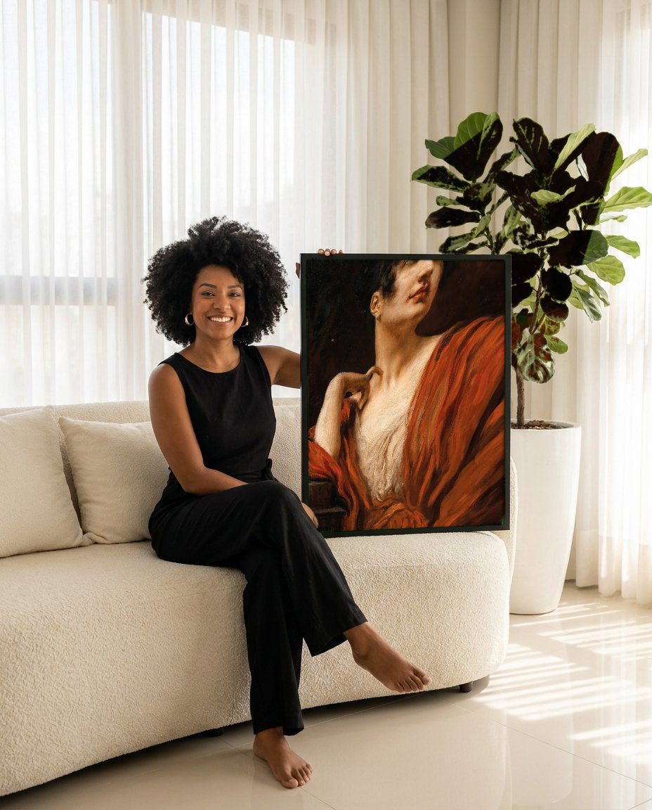 Quadro Decorativo Mulher com Manto Vermelho - Leopold Schmutzler com modelo em ambiente