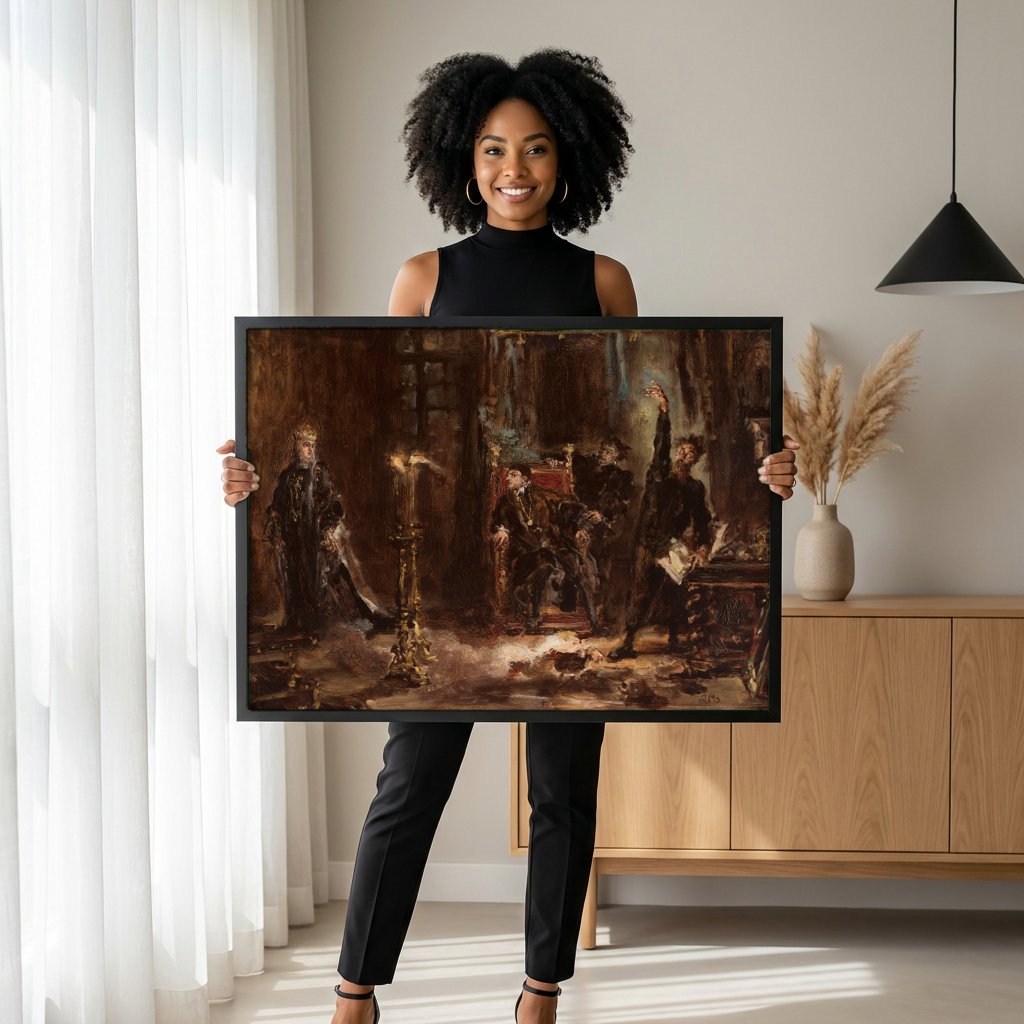 Quadro Decorativo Cena Dramática Noturna - Jan Matejko com modelo em ambiente