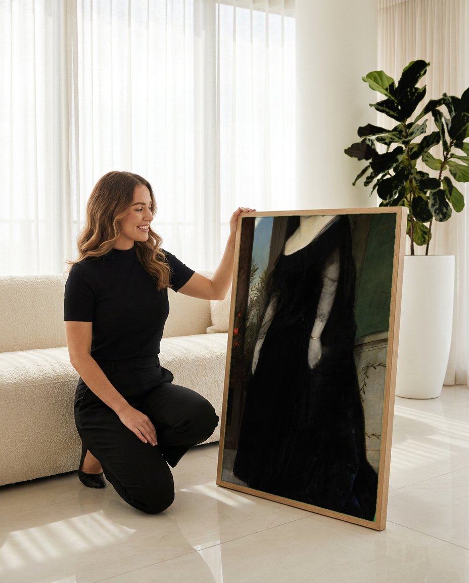 Quadro Decorativo A Viúva (Die Witwe) - Arnold Böcklin com modelo em ambiente
