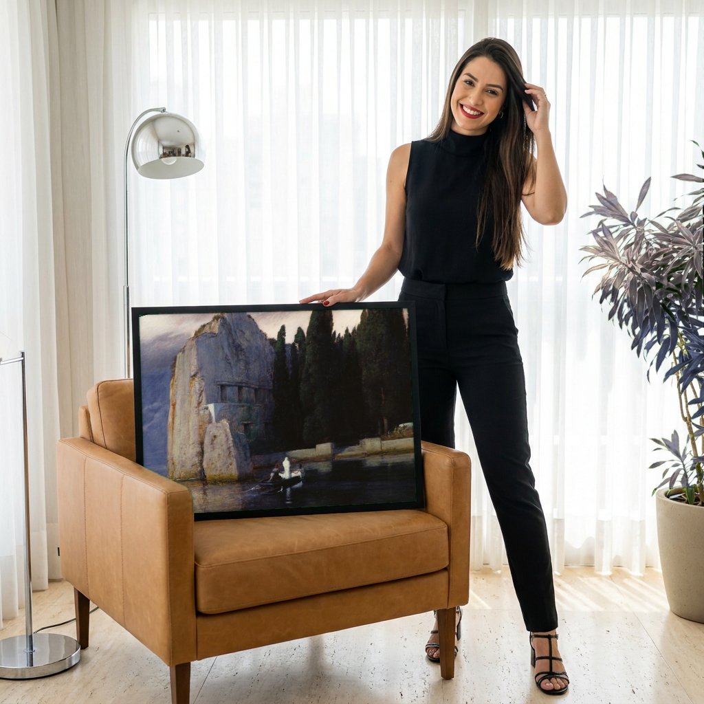 Quadro Decorativo A Ilha dos Mortos - Arnold Böcklin com modelo em ambiente