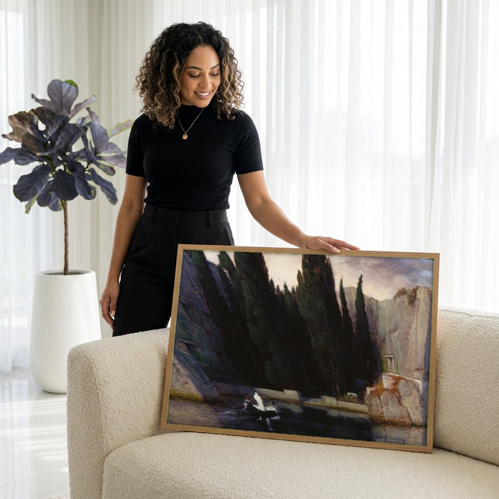 Quadro Decorativo A Ilha dos Mortos - Arnold Böcklin com modelo em ambiente