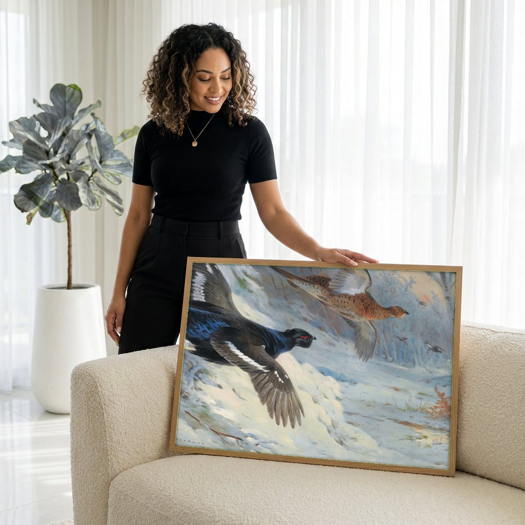 Quadro Decorativo Aves em Voo no Inverno - Thorburn com modelo em ambiente