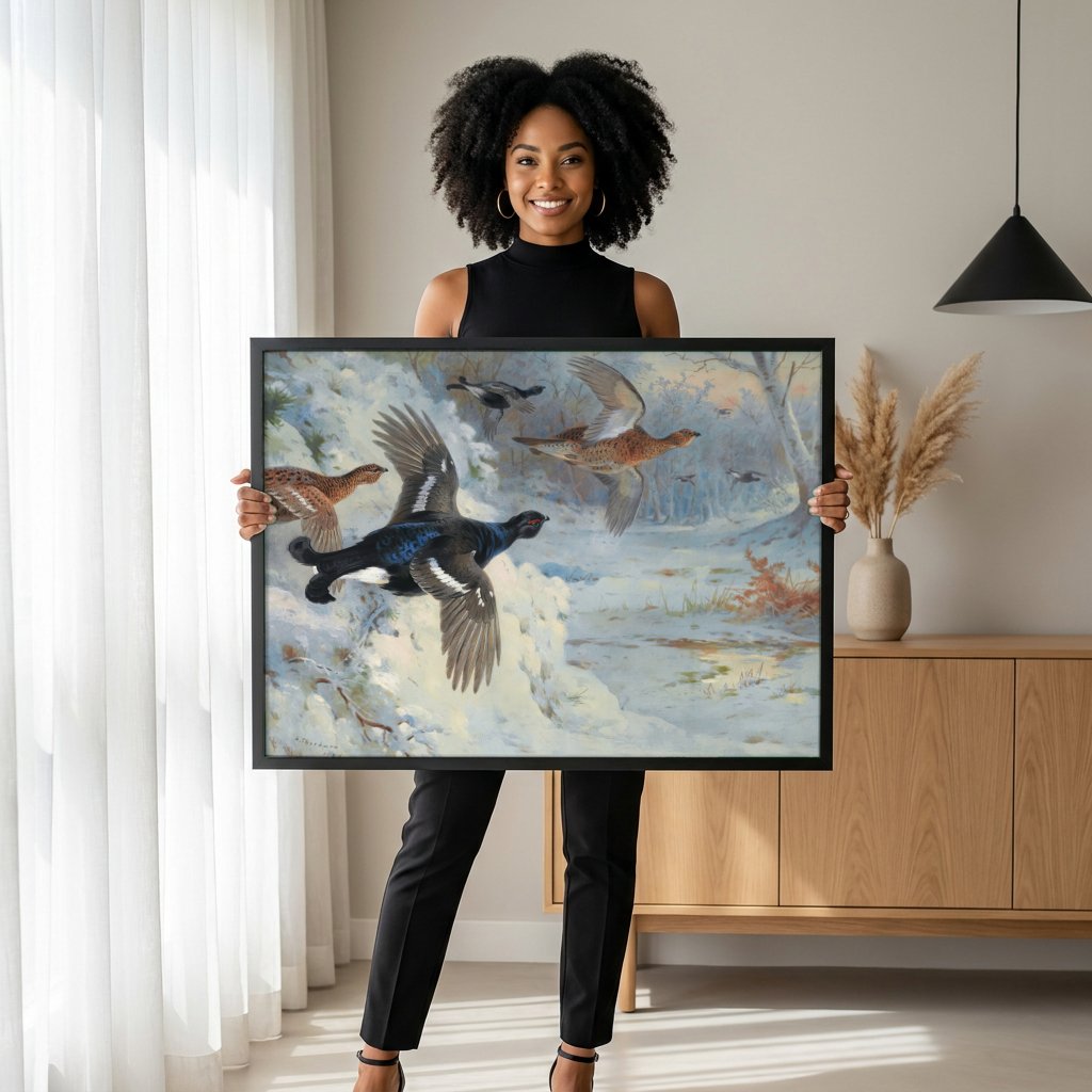 Quadro Decorativo Aves em Voo no Inverno - Thorburn com modelo em ambiente