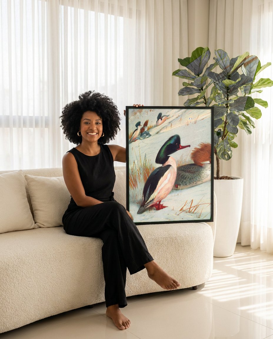Quadro Decorativo Mergansers no Inverno - Thorburn com modelo em ambiente