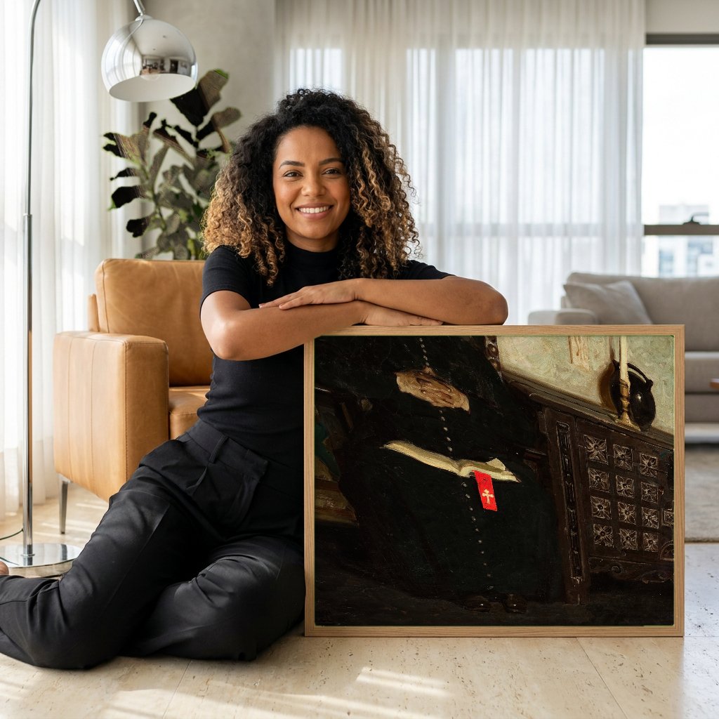 Quadro Decorativo 'O Sacerdote' - Dean Cornwell com modelo em ambiente