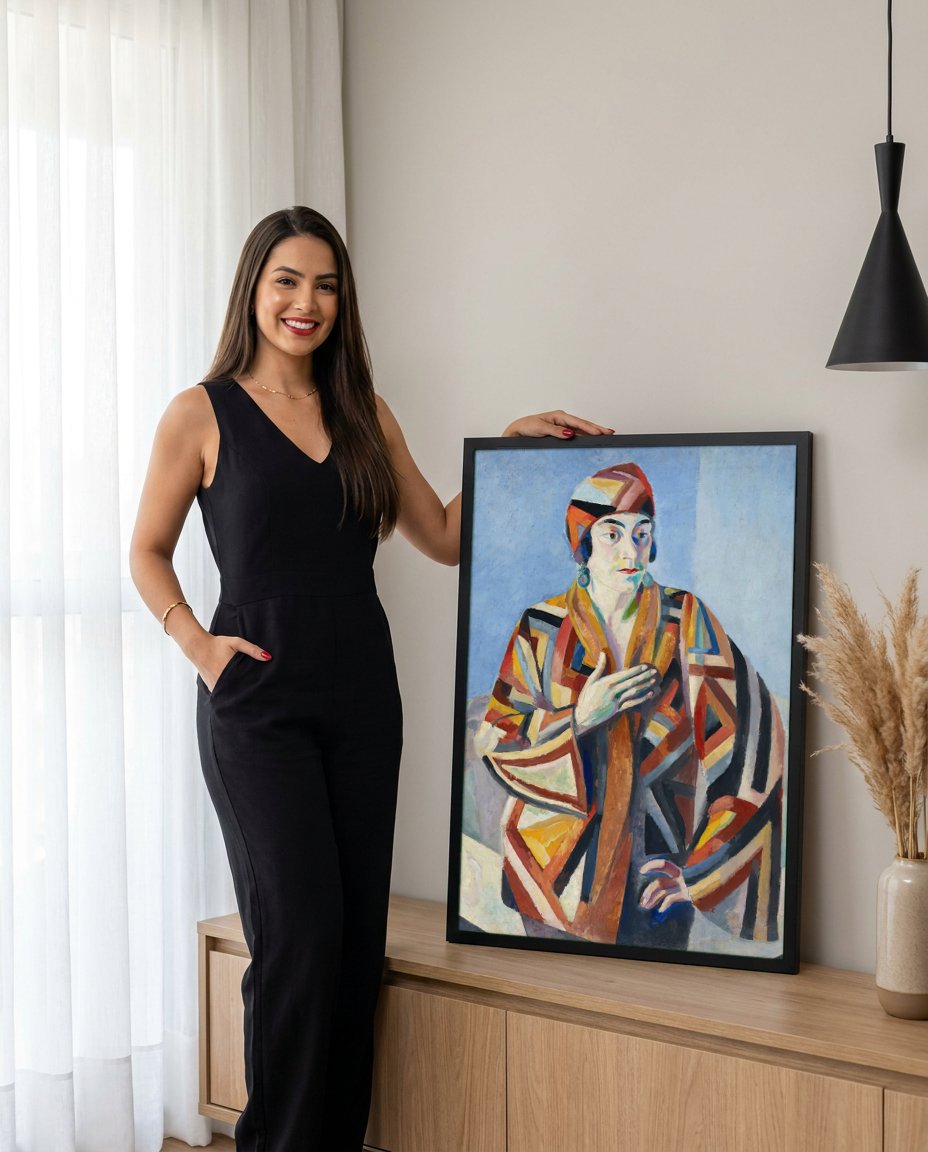 Quadro Decorativo A Mulher e o Chapéu - Robert Delaunay com modelo em ambiente