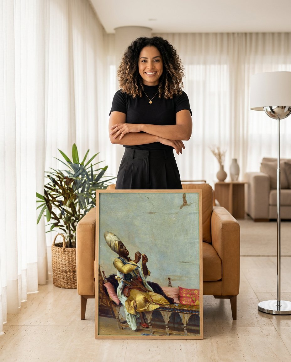 Quadro Decorativo O Confeccionador de Rosários - Theodoros Ralli com modelo em ambiente