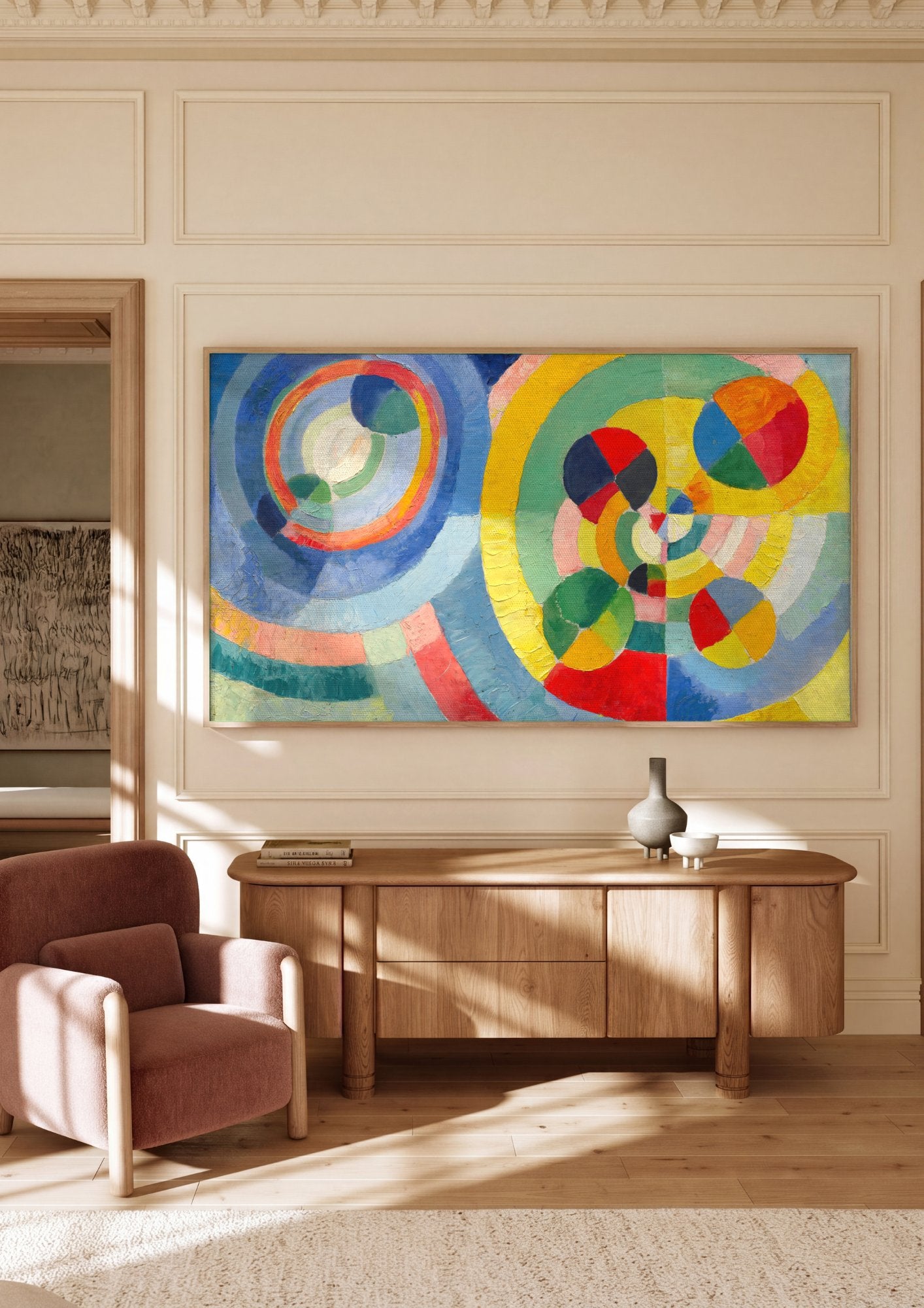 Quadro Decorativo Círculos Cromáticos - Robert Delaunay em ambiente decorado