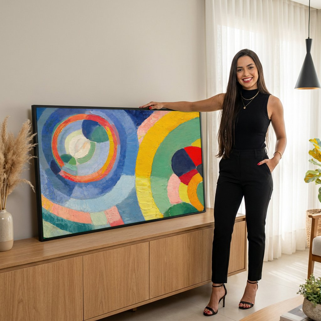Quadro Decorativo Círculos Cromáticos - Robert Delaunay com modelo em ambiente