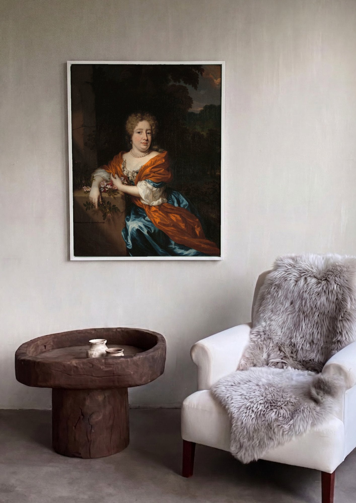 Quadro Decorativo Retrato de Dama com Rosas - Nicolaes Maes em ambiente decorado