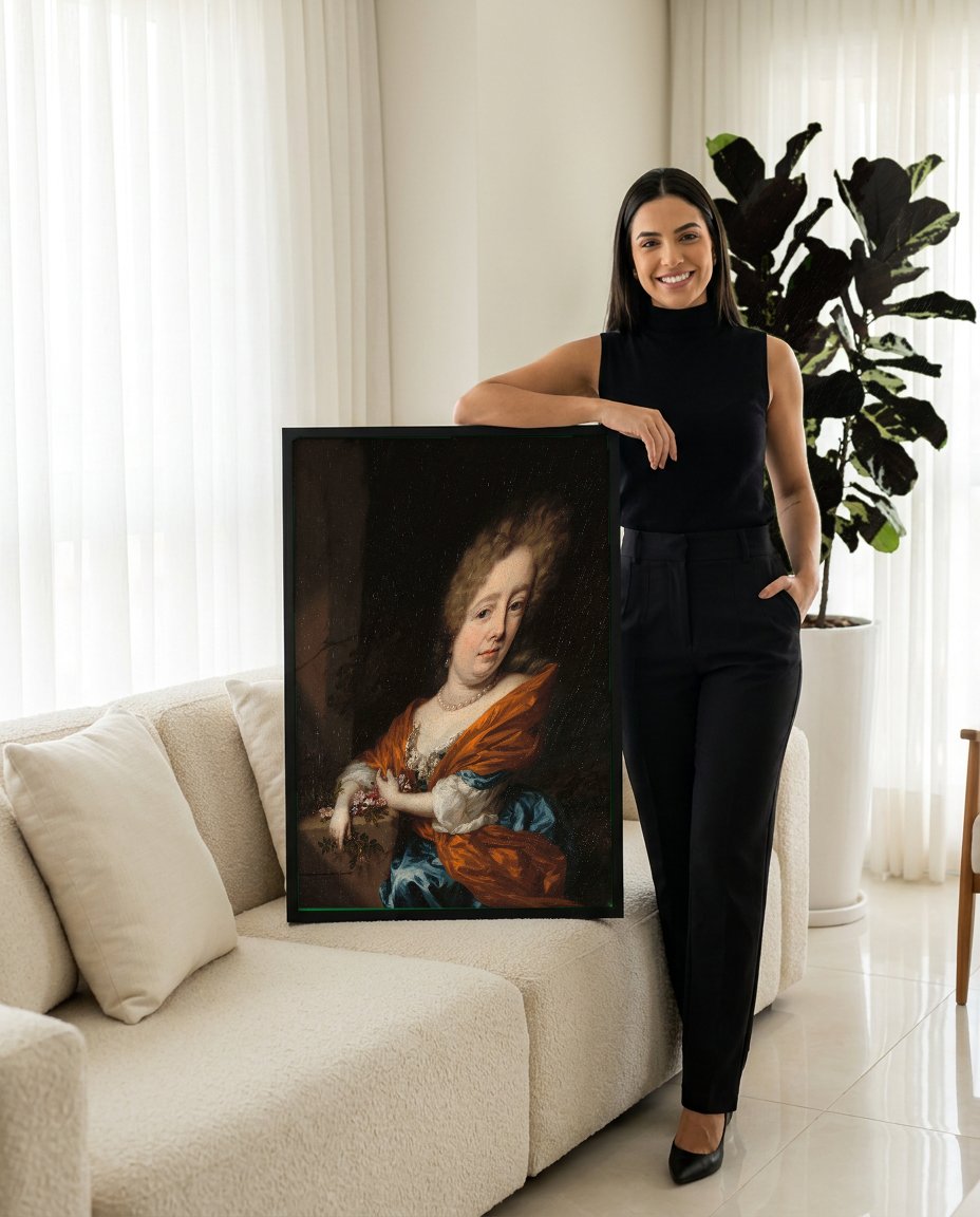 Quadro Decorativo Retrato de Dama com Rosas - Nicolaes Maes com modelo em ambiente