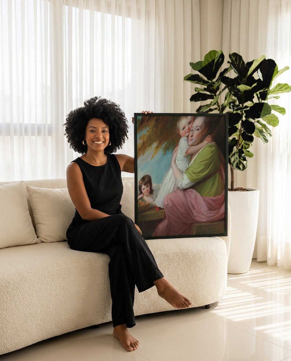 Quadro Decorativo Mãe e Filhos - George Romney com modelo em ambiente