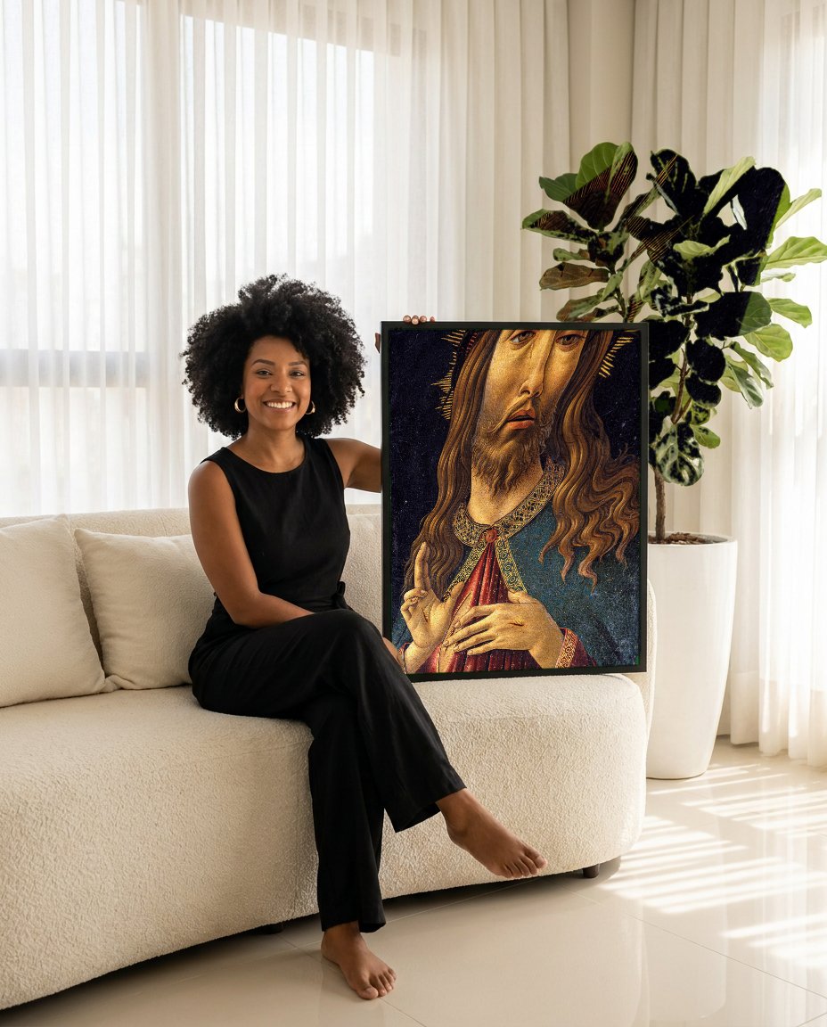 Quadro Decorativo Jesus Cristo com Coroa de Espinhos - Botticelli com modelo em ambiente