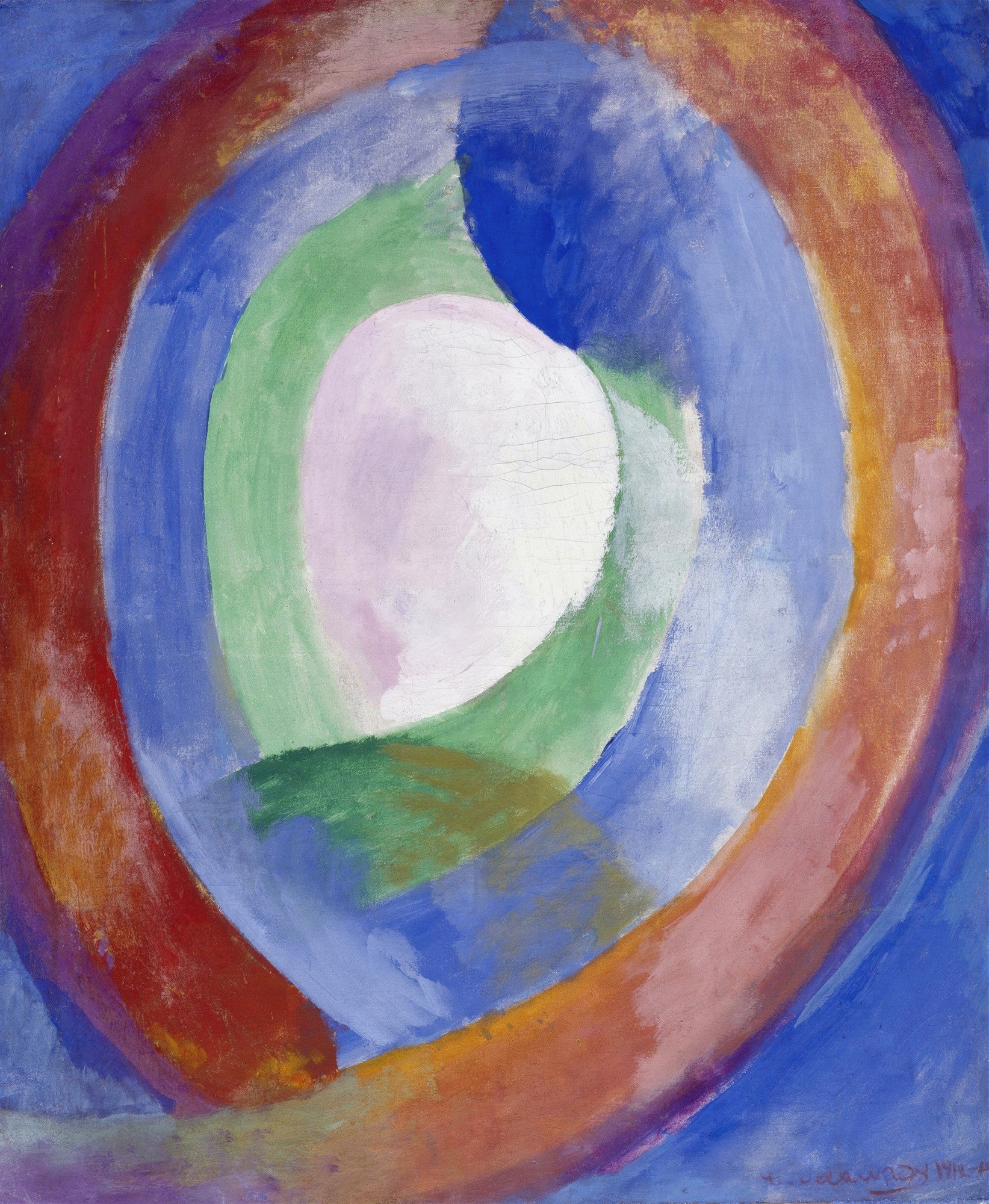 Quadro abstrato de Robert Delaunay com círculos concêntricos em tons vibrantes de azul, verde, vermelho e branco, criando um efeito de movimento e profundidade. A pintura exibe texturas sutis e transições de cores suaves.