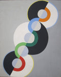 Quadro abstrato de Robert Delaunay com múltiplos círculos concêntricos coloridos (preto, branco, azul, verde, laranja, vermelho) sobre fundo cinza.