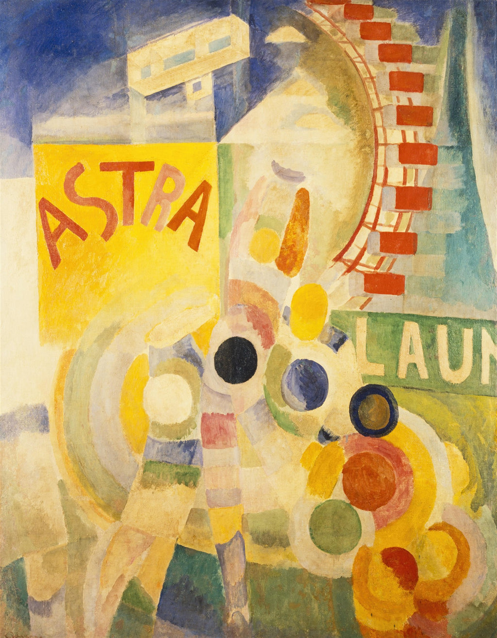 Quadro abstrato de Robert Delaunay com formas geométricas e circulares em tons vibrantes de amarelo, azul, vermelho e verde. A palavra 'ASTRA' aparece em letras vermelhas no canto esquerdo, e 'LAUN' no canto direito. A composição sugere um parque de diversões ou cidade moderna com elementos como uma roda gigante.