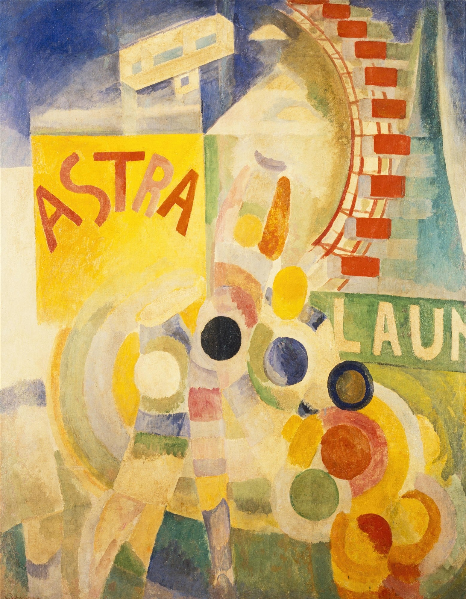 Quadro abstrato de Robert Delaunay com formas geométricas e circulares em tons vibrantes de amarelo, azul, vermelho e verde. A palavra 'ASTRA' aparece em letras vermelhas no canto esquerdo, e 'LAUN' no canto direito. A composição sugere um parque de diversões ou cidade moderna com elementos como uma roda gigante.