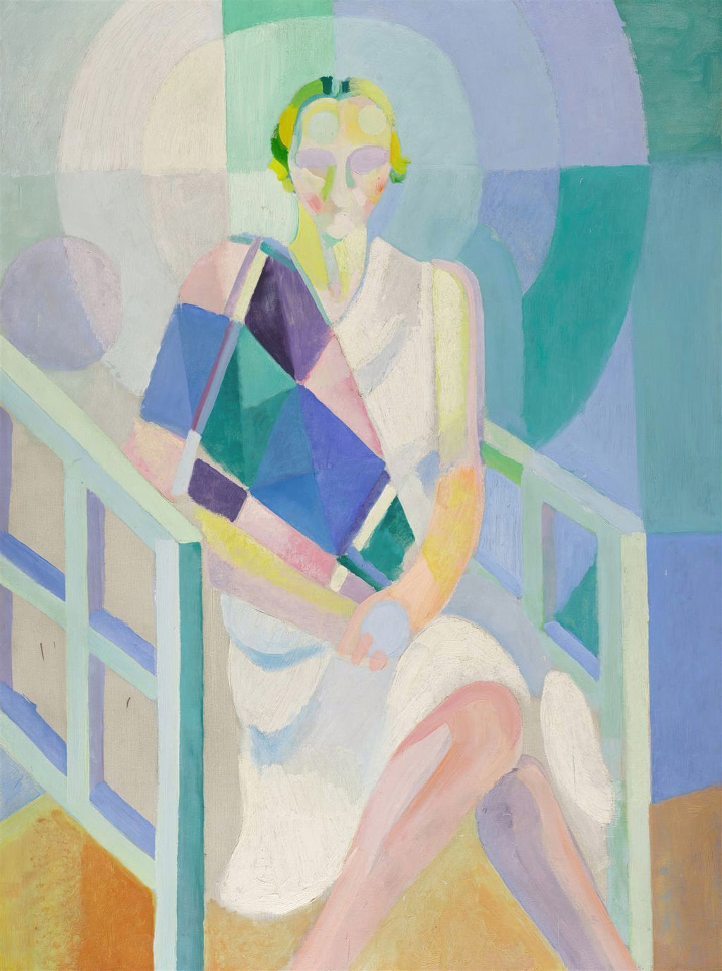Quadro abstrato figurativo de Robert Delaunay, A Mulher e o Livro, com tons pastéis de azul, verde, roxo e amarelo, representando uma mulher sentada com um livro.