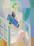 Quadro abstrato figurativo de Robert Delaunay, A Mulher e o Livro, com tons pastéis de azul, verde, roxo e amarelo, representando uma mulher sentada com um livro.
